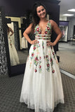 Charming V Neck Floral Embroidery Long Lace Prom Dress with Pocket HZ0527