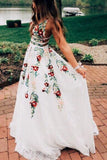 Charming V Neck Floral Embroidery Long Lace Prom Dress with Pocket HZ0527