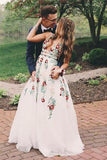 Charming V Neck Floral Embroidery Long Lace Prom Dress with Pocket HZ0527