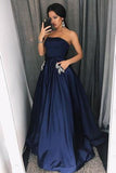 Simple A-Line Strapless Floor-Length Dark Blue Prom Dress with Pockets Beading HZ0527