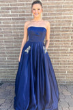 Simple A-Line Strapless Floor-Length Dark Blue Prom Dress with Pockets Beading HZ0527