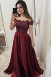Burgundy Off Shoulder A Line Prom Dress, Lace Top Cheap Evening Gown HZ0527