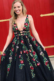A-Line Deep V-Neck Black Lace Sleeveless Prom Dress with Floral Appliques HZ0527