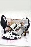Beautiful White Lace Ankle Strap Pointed Toe Black Women Shoes HZ0527