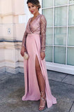Long Sleeve A-line V-neck Floor-length Sequin Chic Long Prom Dress with Slit HZ0527