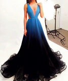 2025 Black Blue Gradient Tulle Long Evening Party Dress,A Line V-neck Prom Dresses HZ0527
