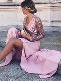 Long Sleeve A-line V-neck Floor-length Sequin Chic Long Prom Dress with Slit HZ0527