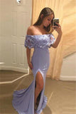 Pretty Lavender Off Shoulder With Lace Split Mermaid Prom Dresses HZ0527