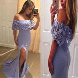 Pretty Lavender Off Shoulder With Lace Split Mermaid Prom Dresses HZ0527