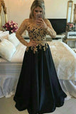 Modest Black And Gold Long A-line Long Sleeves Lace Prom Gowns,Evening Dresses HZ0527