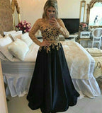 Modest Black And Gold Long A-line Long Sleeves Lace Prom Gowns,Evening Dresses HZ0527