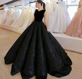 Black V Neck Sequined Ball Gown Prom Dress, Big Formal Dresses HZ0527