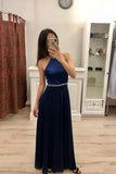 A Line Navy Blue Chiffon Long Prom Dresses,Cheap Party Dresses HZ0527