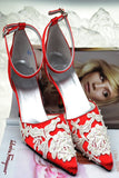 Beautiful White Lace Ankle Strap Pointed Toe Black Women Shoes HZ0527