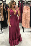 Sexy A-Line V-Neck Pleated Burgundy Chiffon Prom Party Dress HZ0527