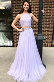 Two Piece Halter Backless Tulle Lavender Prom Dress with Lace Beading HZ0527