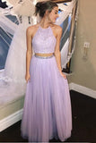 Two Piece Halter Backless Tulle Lavender Prom Dress with Lace Beading HZ0527