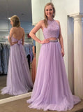 Two Piece Halter Backless Tulle Lavender Prom Dress with Lace Beading HZ0527