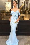 Mermaid Spaghetti Straps Light Blue Satin Long Prom Dress with Ruffles HZ0527