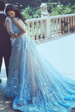 A-Line Blue Sleeveless Tulle Wedding Dress 2017 With Chapel Train HZ0527