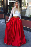 Two Piece Long Sleeves Cold Shoulder Red Long Prom Dress with White Lace Pockets HZ0527