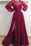 Cheap A Line Burgundy Long Sleeve Vintage Split Prom Dress HZ0527