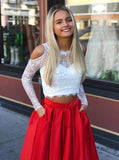 Two Piece Long Sleeves Cold Shoulder Red Long Prom Dress with White Lace Pockets HZ0527