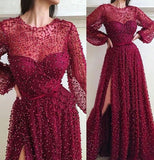 Cheap A Line Burgundy Long Sleeve Vintage Split Prom Dress HZ0527