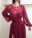 Cheap A Line Burgundy Long Sleeve Vintage Split Prom Dress HZ0527