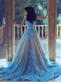 A-Line Blue Sleeveless Tulle Wedding Dress 2017 With Chapel Train HZ0527