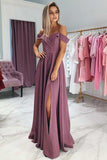 Charming A Line Off the Shoulder Spaghetti Straps Grape Long Prom Dresses HZ0527
