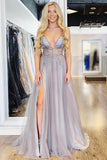 A-Line Spaghetti Straps Deep V Neck Prom Dress with Beading Split HZ0527