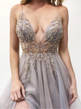 A-Line Spaghetti Straps Deep V Neck Prom Dress with Beading Split HZ0527