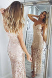 Mermaid Spaghetti Straps Pearl Pink Sequined Split Sexy Prom Dress HZ0527