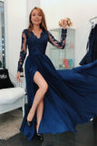 A Line Long Sleeves V Neck Dark Blue Prom Dresses With Appliques HZ0527