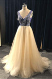 A Line V Neck Beading Tulle Long Prom Dress, Party Dresses HZ0527