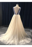A Line V Neck Beading Tulle Long Prom Dress, Party Dresses HZ0527
