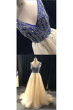 A Line V Neck Beading Tulle Long Prom Dress, Party Dresses HZ0527