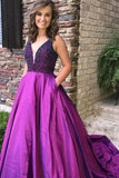 Purple A Line Beading V Neck Prom Gown With Pockets Cheap Formal Evening Dress HZ0527