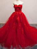 Charming Red Sweetheart Strapless Ball Gown Applique Tulle Long Prom Dress HZ0527