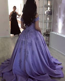 Lavender Ball Gown Off the Shoulder Lace Appliques Prom Dresses HZ0527