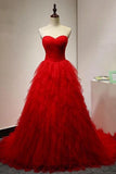 Chic Sweetheart A Line Zipper Back Red Ruffles Cheap Long Prom Dress HZ0527