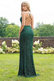 Spaghetti Strap Emerald Green Prom Dresses Slit Sheath Sequined Formal Evening Dress HZ0527