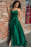 A Line Green Straps Criss Cross Back Long Prom Dresses with Pockets HZ0527
