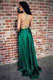 A Line Green Straps Criss Cross Back Long Prom Dresses with Pockets HZ0527