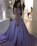 Lavender Ball Gown Off the Shoulder Lace Appliques Prom Dresses HZ0527