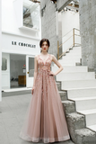 Promfast A Line V Neck Beaded Long Tulle Zipper Back Prom Dresses HZ0527
