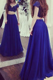 Charming Royal Blue Two Pieces Short Sleeves Lace Top Long Prom Dress HZ0527