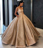 Beading Sequins Gold Ball Gown Prom Dress with Pockets,Long Quinceanera Dresses HZ0527