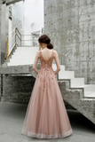 Promfast A Line V Neck Beaded Long Tulle Zipper Back Prom Dresses HZ0527